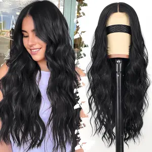 Black Wig for Women Long Wavy 4x1 Lace  Hairline Glueless for Beginners Middle Part Synthetic for Daily Party Use 26Inch