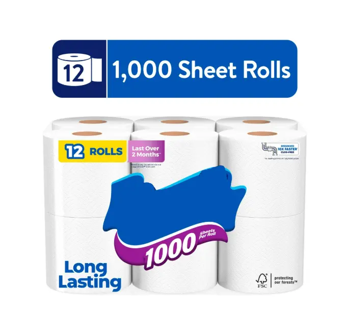 1000 Toilet Paper, 12 Rolls, 1,000 Sheets per Roll 1000 Toilet Paper, 12 Rolls, 1,000 Sheets per Roll