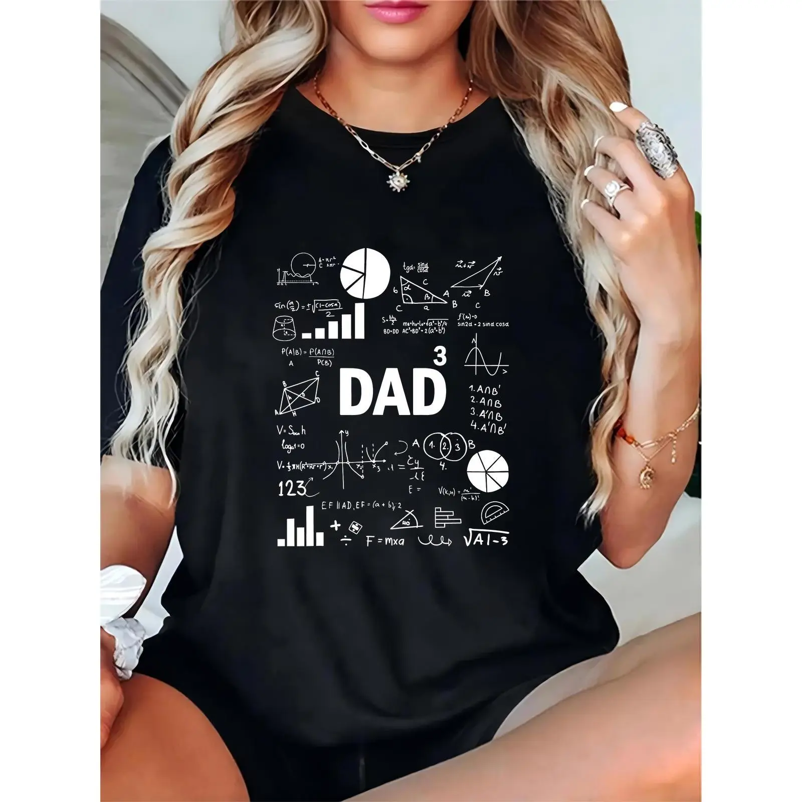 Unisex Black T-Shirt with Math Formulas (Geometric Shapes, Graphs, Equations) & "DAD" Print | Father's Day Gift for Math-Loving Dad, Teacher Dad | Casual Daily Wear Top