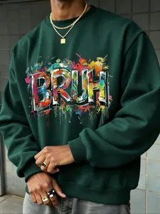 Men's Hot Selling Letter Print Fleece Lined Crew Neck Pullover Sweatshirt, Fall & Winter Casual Versatile Top, Thick Fabric, Fitted Style