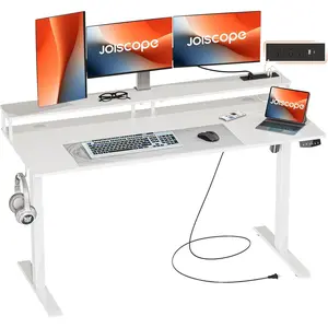 55'' Height Adjustable Electric Standing Desk with Display Riser, Power Outlet (3AC, USB, Type-C), Memory Height & Foot Pat, Gaming Study Drafting Sit Stand Desk for Home Office Bedroom,White