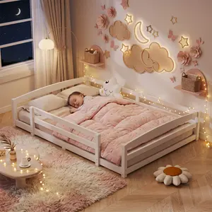 #DealsForYouDays Naudacaa Twin/Full Size Montessori Floor Bed for Kids Solid Wood Frame with Fence Door & Safety Guardrails CPC Certified summerwins
