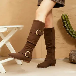 Women's Fashionable Brown Solid Color Zipper Knee High Cow Boots with Gold Buckles & Slouchy Fit - Comfortable Fall Winter Western Footwear Vintage Cowgirl Ankle Boots fall  boots  women fashion Mid-Boots Western Boots Casual