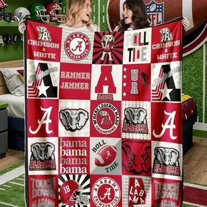 Alabama Crimson Tide Patchwork Blanket, High-Weight Flannel Fabric, Soft and Warm, Anti-Wrinkle, Easy Clean, Ideal for Fans and Football Lovers, Slogan Print Blanket