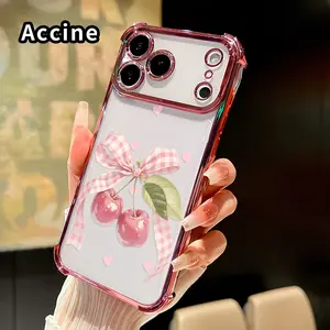 Phone Case for iPhone 17 16 Pro Max 15 Plus 14 13 12 11 E Air Cherry Love Bow Patterned Protective Four Corners Plated Shockproof Transparent Soft Silicone Cover