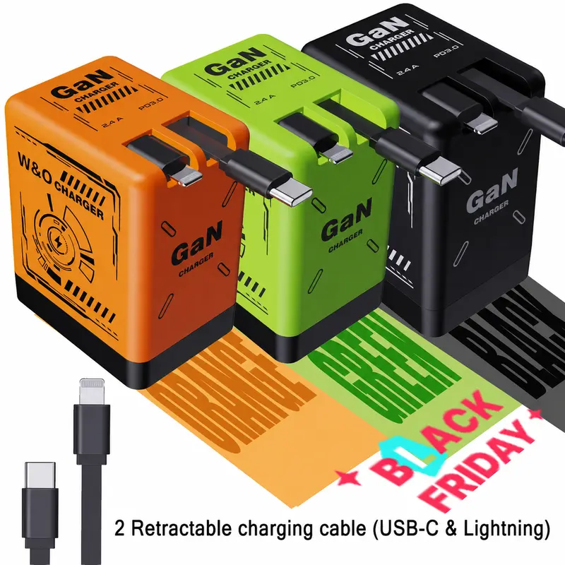 2-in-1 GaN Fast Charger with Retractable Type-C Cable, Lightning Cable, Foldable Wall Plug, Dual Device Charging for Smartphone, Cellphone, Mobile, iPhone Charger, Phone Accessories, Compact Travel Use