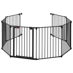 Adjustable Baby Safety Gate, 8-Panel Extra Wide Pet Gate, Expandable Metal Barrier with Walk-Through Door, for Stairs, Doorways, Fireplace, Black