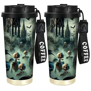 1pc 18oz Insulated Cup Tumbler, Gothic Scene with Mysterious Character and Skeletal Hand, Double-Wall Design for Hot or Cold Beverages