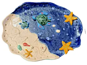 Hand Crafted Coral Sea Life Ceramic Serving Tray with turtles and starfish