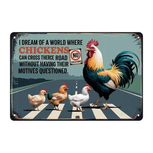 Funny Rooster Chickens Crossing Road Vintage Metal Sign Print Aesthetic Room Decoration for Home Bedroom Dorm Bathroom Wall Decor 8 X 12in