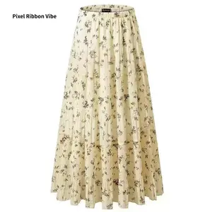 Women's Chiffon Elastic High Waist Pleated A-line Skirt Flared Long Skirt Floral Breathable Comfortable Casual Summer Wear White Black Christmas Retro Floral Bohemian Style Women's Clothing