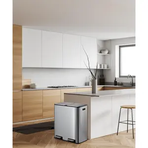 Large Rectangle Stainless Steel Step Recycling Bin – 16 Gal/60L Dual Compartment Kitchen Trash Can with Soft-Close Lid & Removable Inner Wastebasket (Garbage Cans)