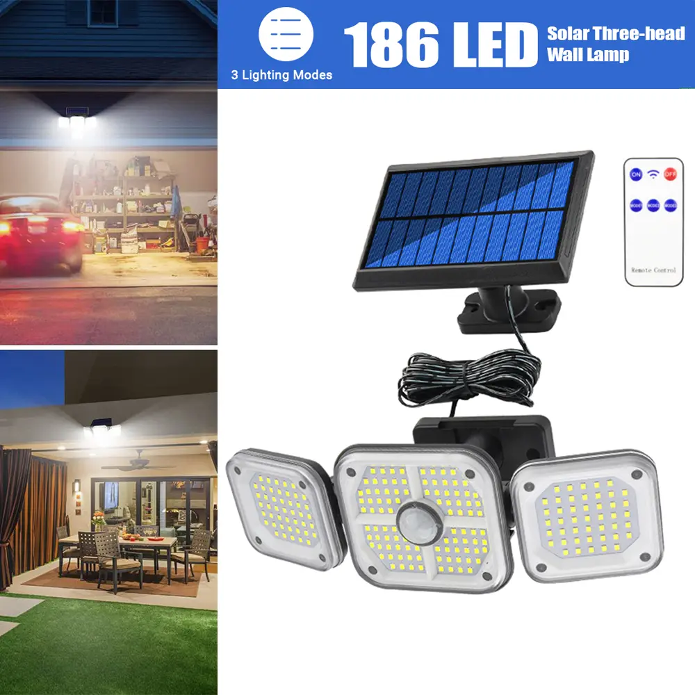 Solar Flood Lights Outdoor with Dual Motion Sensor, Remote Control, 270° Wide Angle, IP65 Waterproof, 186 LED Ultra Bright Security Light for Yard, Garden, Patio, RV & Camp