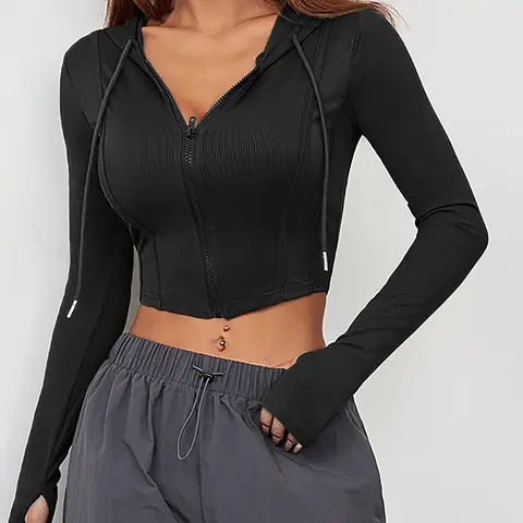 Women's Solid Zip Up Ribbed Crop, Sporty Long Sleeve Drawstring Hooded Top Casual Workout Tops for Summer, Ladies Sportswear Clothing for Indoor Outdoor Wear, Activewear Gym