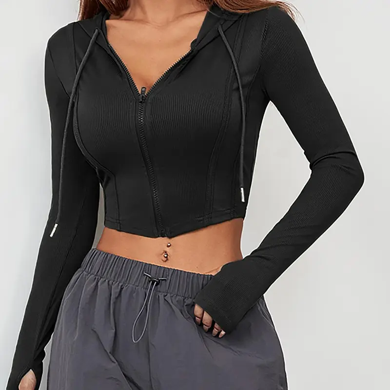 Women's Solid Zip Up Ribbed Crop, Sporty Long Sleeve Drawstring Hooded Top Casual Workout Tops for Summer, Ladies Sportswear Clothing for Indoor Outdoor Wear, Activewear Gym