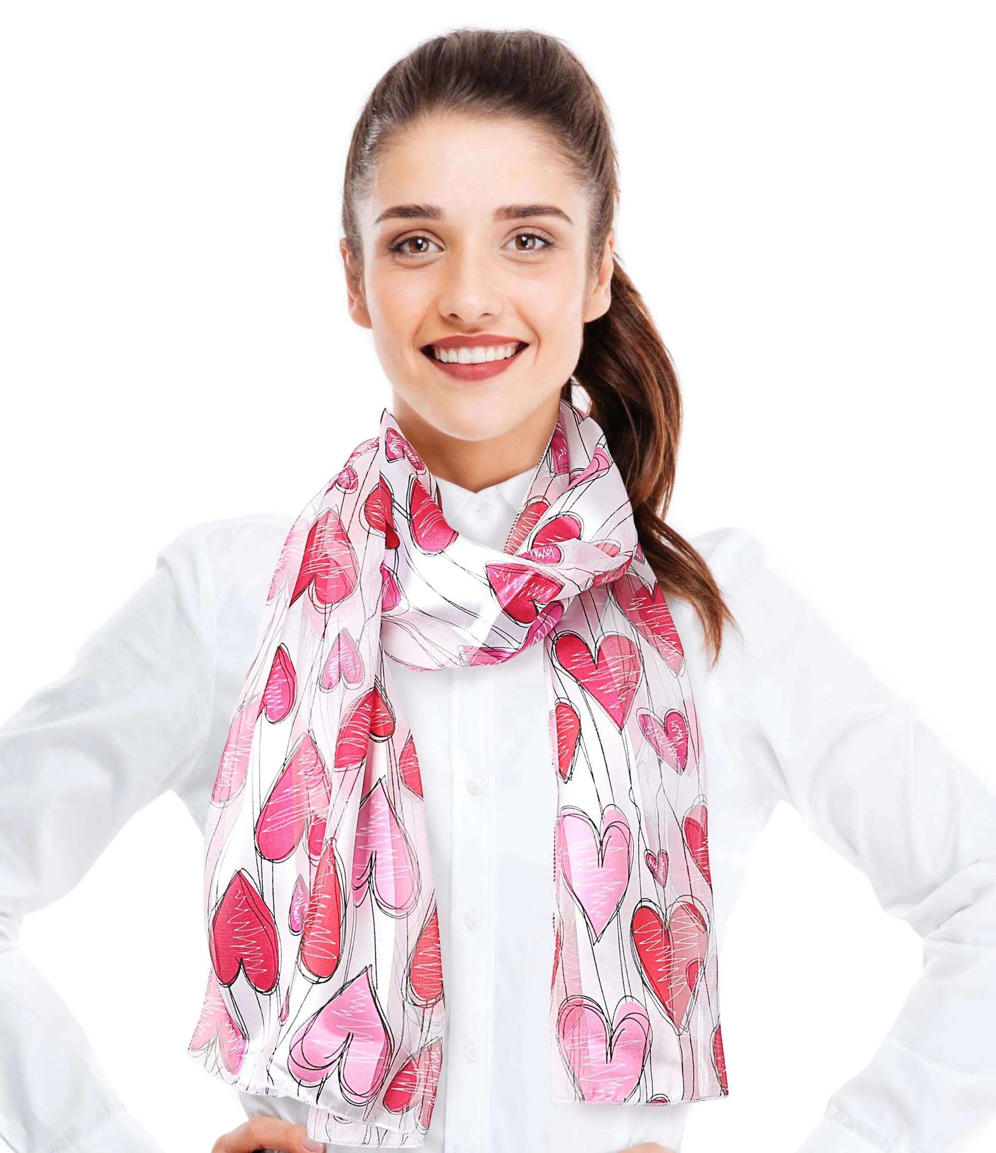 CBC Crown Women's Heart Print Scarf, Lightweight Silk-Feel Polyester Accessory for Valentine's Day & All-Seasons Wear, 13" x 60" - White, Clothes, Hand Wash, Casual, Graphic, Everyday, Adult, Daily, 13X60 In, Falling Hearts Design, Female