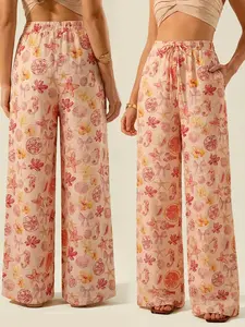 Women's Boho Floral Fashion Print Long Pants, Perfect for Home and Vacation, Waist Drawstring Adjustable + Side Pockets, Comfortable, Stylish and Bohemian