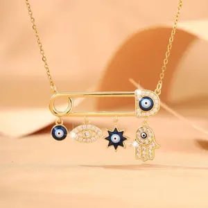 Gold & Silver Evil Eye Pin Necklace Set, Hamsa Hand Beaded Charm Pendant,Trendy Statement Pendant for Women