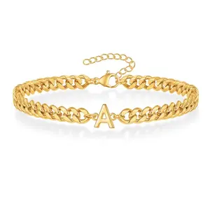 Men's Golden Stainless Steel 26-Alphabet Letter Stackable Cuban Link Bracelet - Fade-Resistant, Waterproof Jewelry Accessory for Everyday Wear