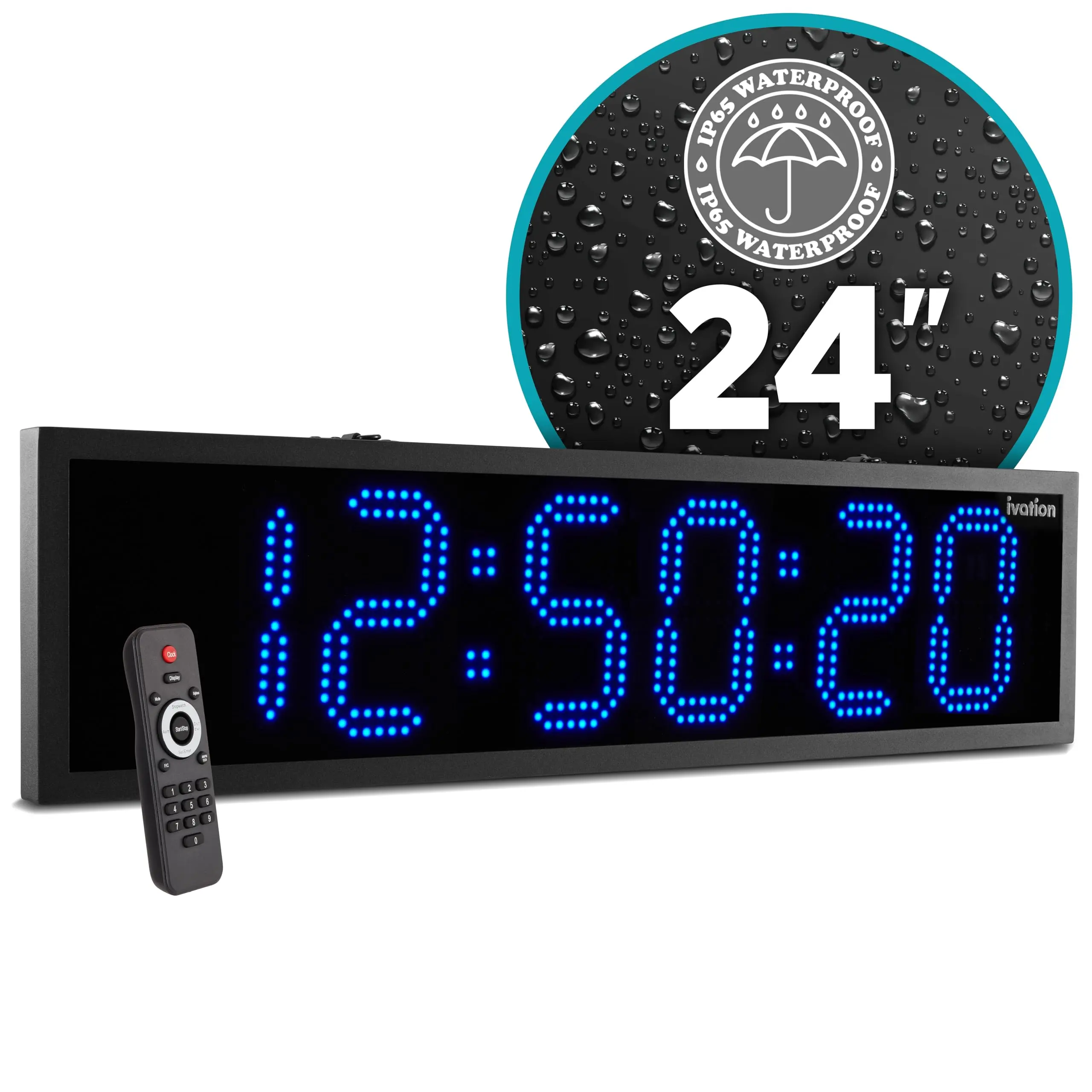 Ivation 24" Outdoor Digital Clock, Waterproof LED Display, Auto Time Sync, Temp, Date & Timer