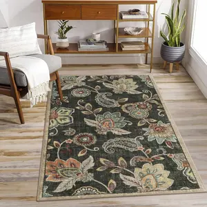 Floral Washable Rugs 3x5,Brown Throw Rugs for Bedroom Non Slip,Soft Distressed Paisley Mat, Entryway Rug Indoor Chair Carpet for Living Room Coffee Table