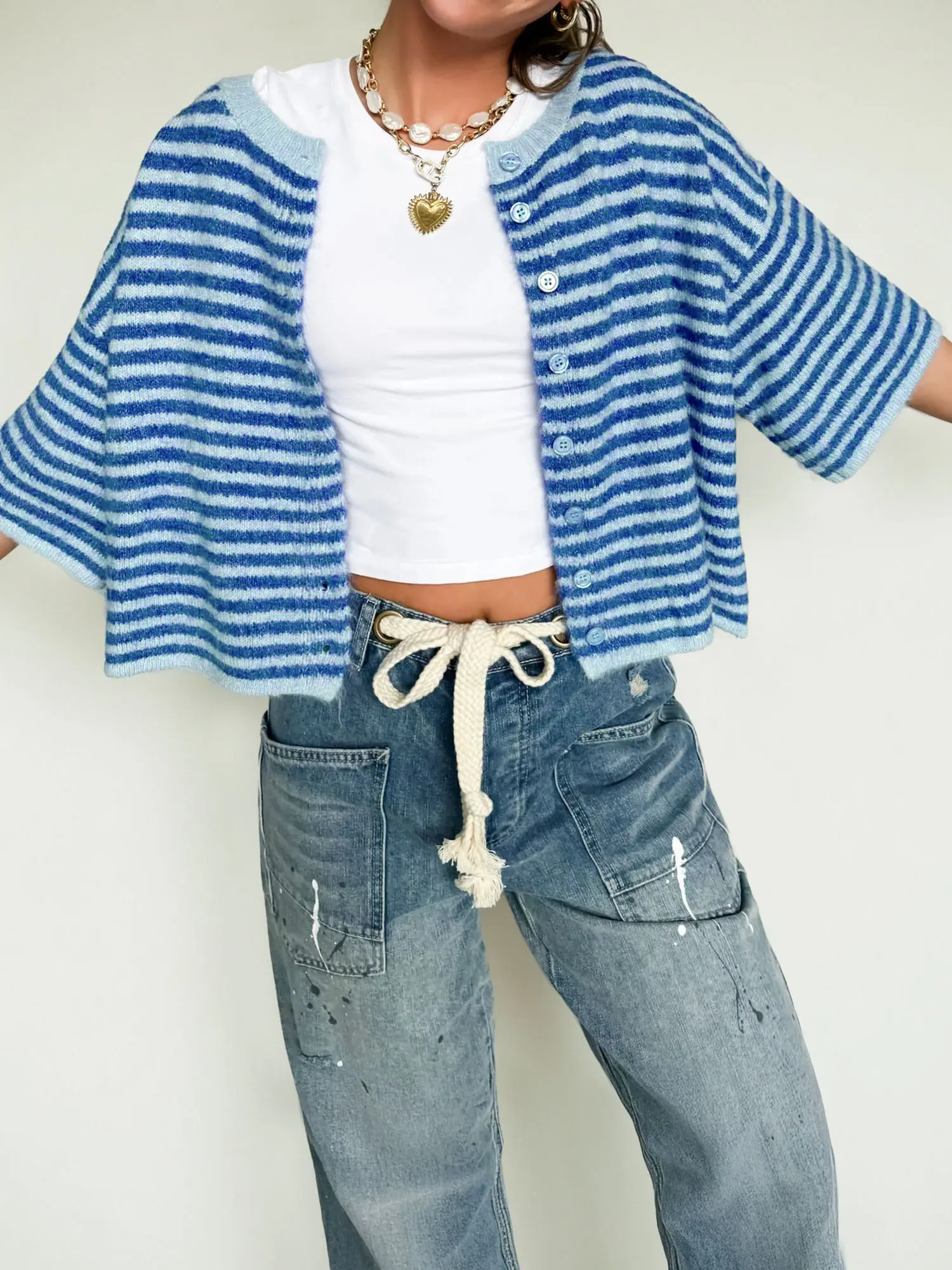 Blue Stripe Loose Half Sleeve Knit Button Down Sweater Cardigan