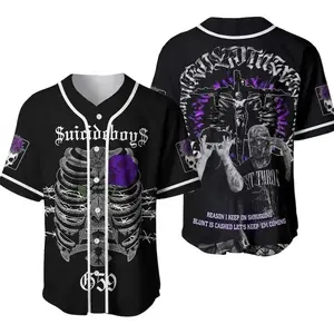 SB59 Baseball Jersey – Purple Rose Skeleton Rib Cage Shirt, Grey 59 Rap Hip Hop Streetwear Top, Gothic Horror Style Button Up for Men and Women