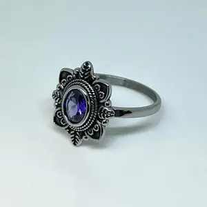 Stainless Steel Purple Stone Ring – Vintage Silver-Tone Floral Band