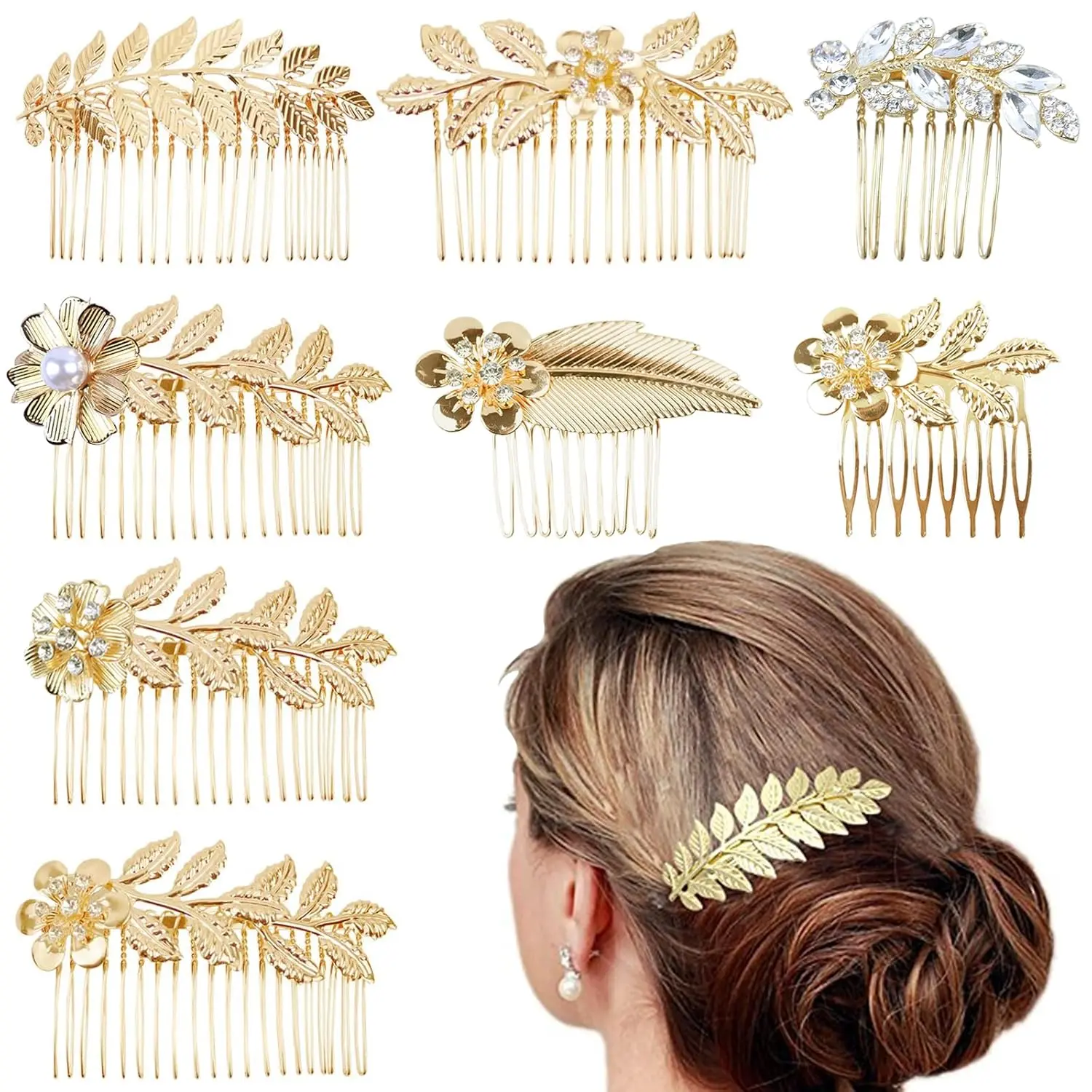 8 Pcs Leaf Hair Side Combs for Women Girl, Bridal Metal Decorative Hair Comb Clips, Gold French Twist Hair Slide Comb for Wedding Hair Accessories