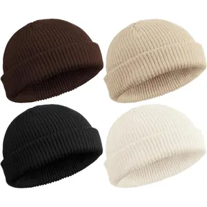 4 Pieces Trawler Beanie Watch Hat Roll up Edge Skullcap Fisherman Beanie Unisex