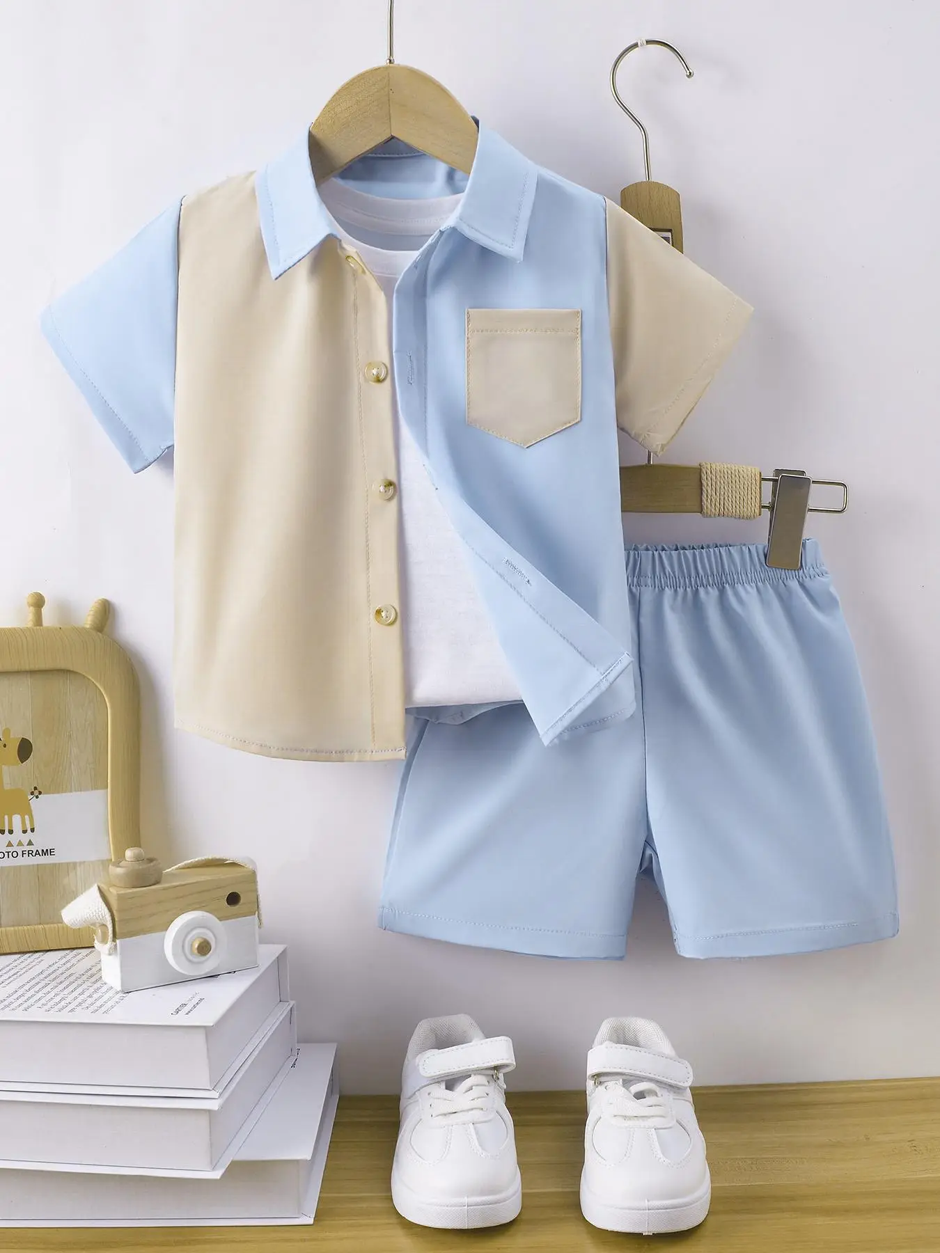 Two-Piece Set Boy's Colorblock Button Front Shirt & Shorts Set, Casual Short Sleeve Collared Top & Shorts, Summer Outfit Clothes for Kids