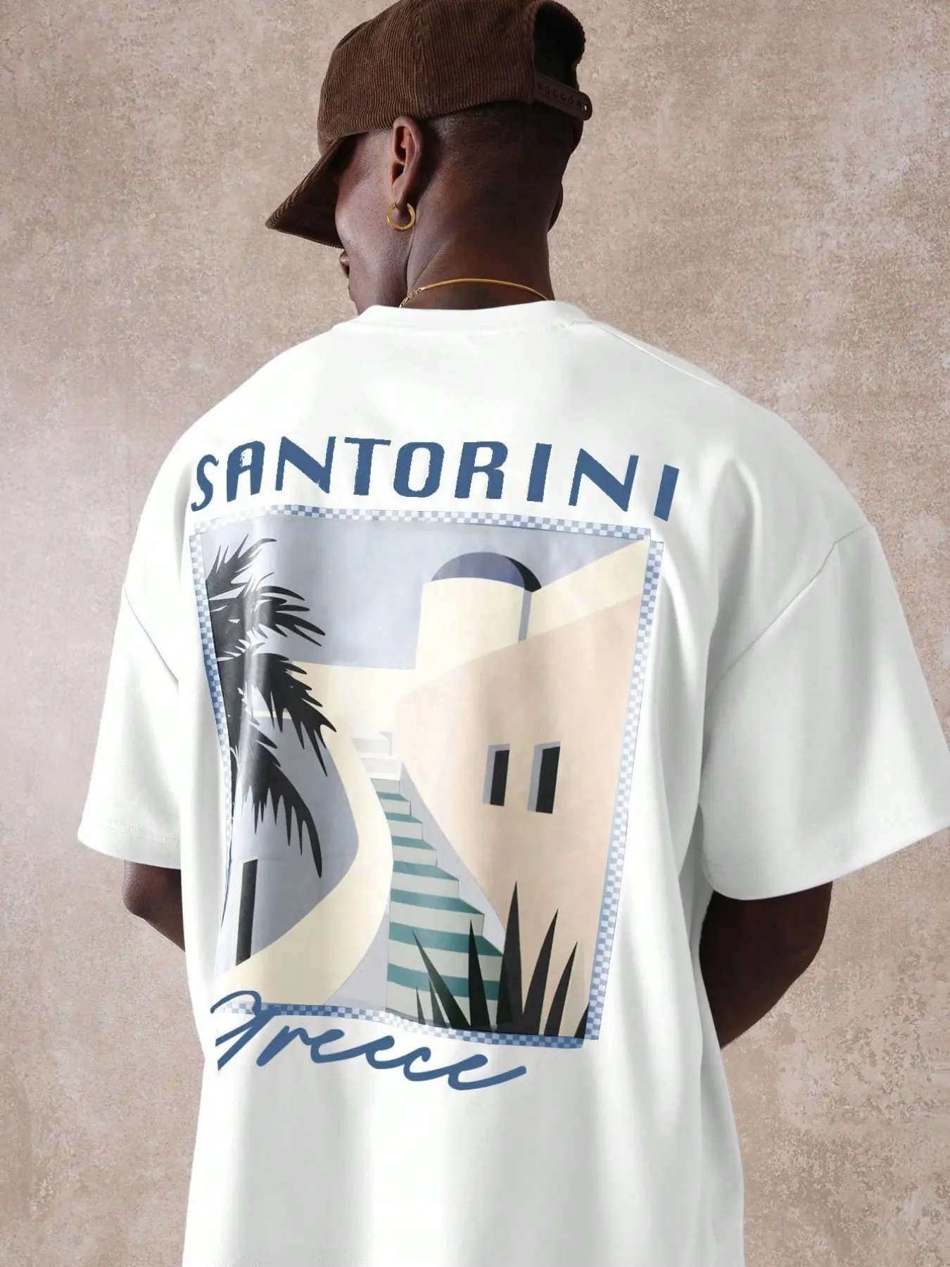 Santorini Greece Landscape Back-Print Oversized T-Shirt | Men's Heavyweight Cotton Short-Sleeve Tee | TikTok Viral Vacation Aesthetic | Relaxed Loose Fit | Breathable Soft Fabric | Ideal for Casual/Travel Outfits | Retro Coastal Prin