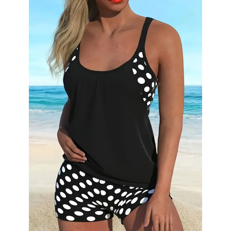 [Polka Dot Tankini Set] Two-Piece Polka Dot Tankini Set - Women's Spaghetti Strap Top With Boyshorts - Summer Beachwear