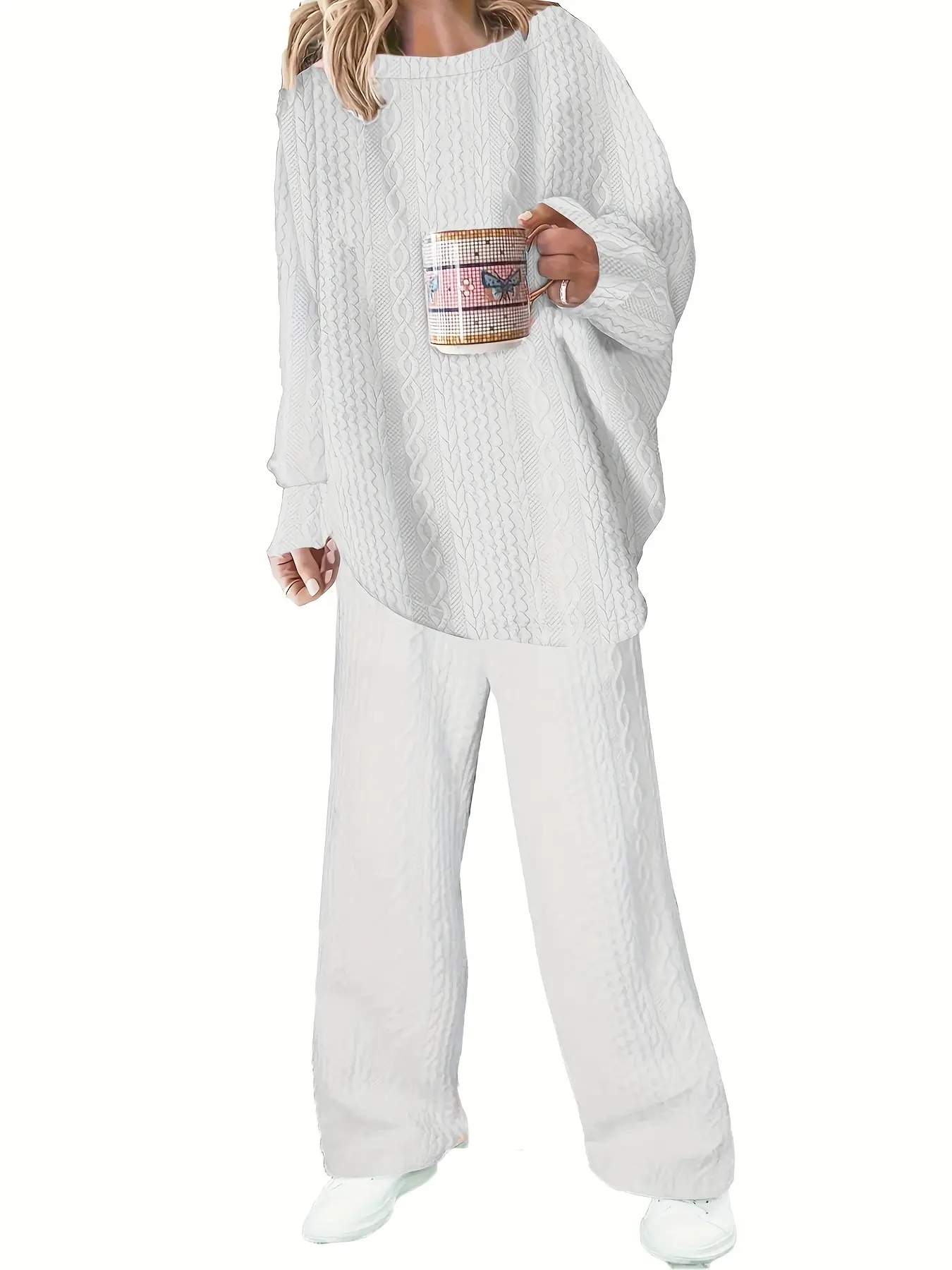 Women's Plus Size Fall Winter Fashion Set, Loose Fit Casual Long Sleeve Sweater & Pants, Trendy Comfortable Clothing