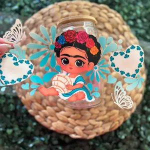 Concha y Frida UVDTF Cup Wrap with Floral Design and Heart Cutouts for Decorative Use