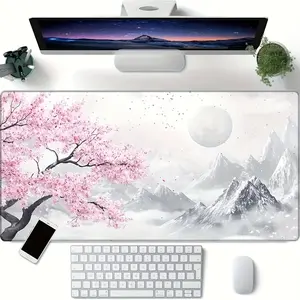 Gaming mouse pad with cherry blossom and snowy mountain patterns and a non-slip rubber base, perfect for office use Shortcuts Mouse Pad