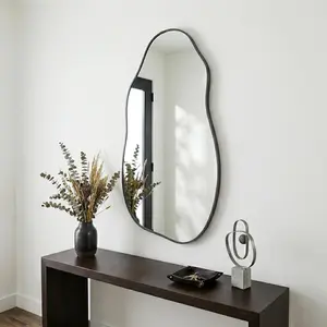 Irregular Wall Mirror 30"x16.5", Small Asymmetrical Mirror for Wall Decor, Matte Black Rust Proof Aluminum, Tempered Glass Wavy Mirror for Powder Room, Entryway & Aesthetic Bedroom