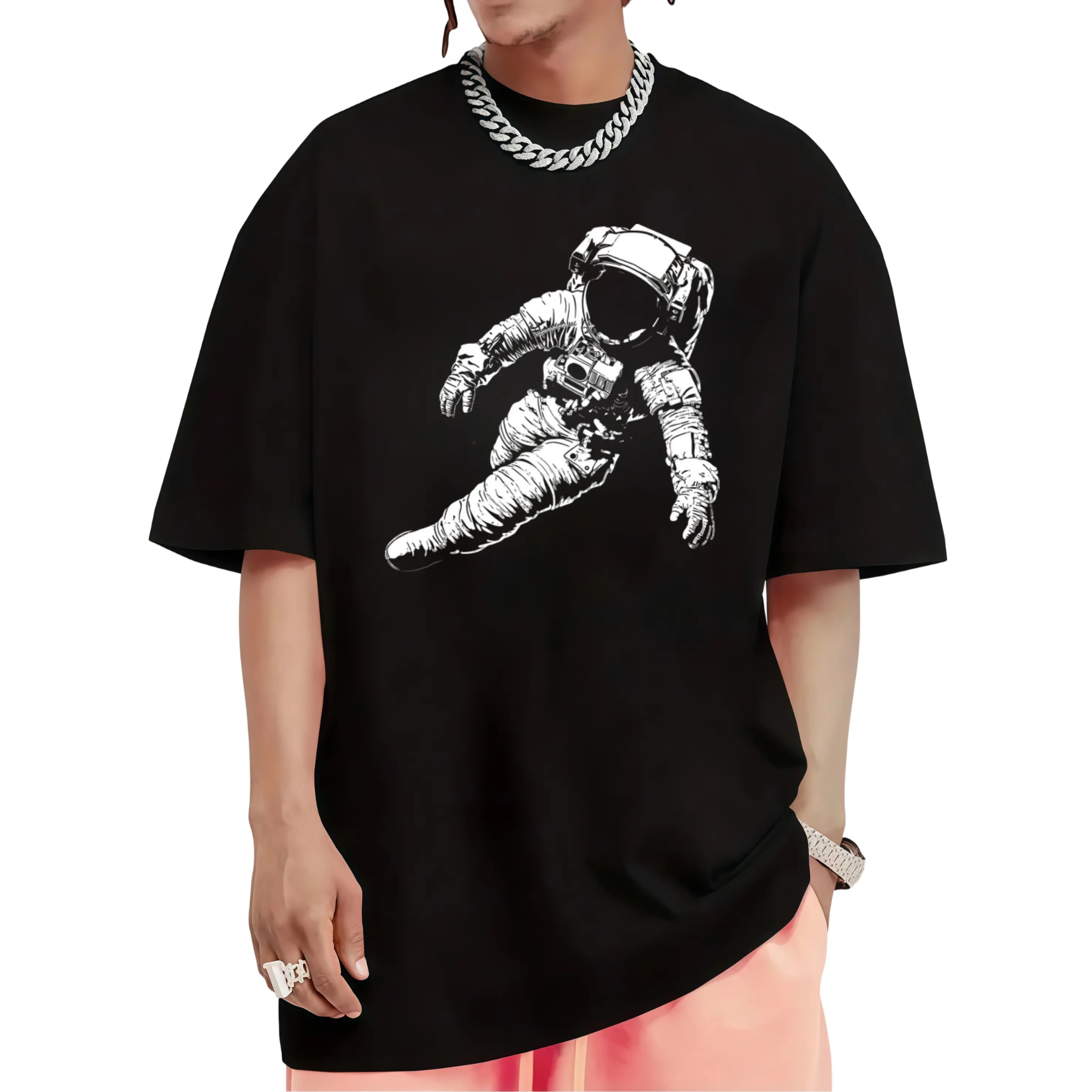 Astronaut Illustration Artwork Graphic Motif Astronaut TShirt for Men 2026 Summer ShortSleeved Printed Pure Crew Neck Slight Stretch Regular Fit Vintage StylRetro Casual Crew Neck Printed T-Shirt