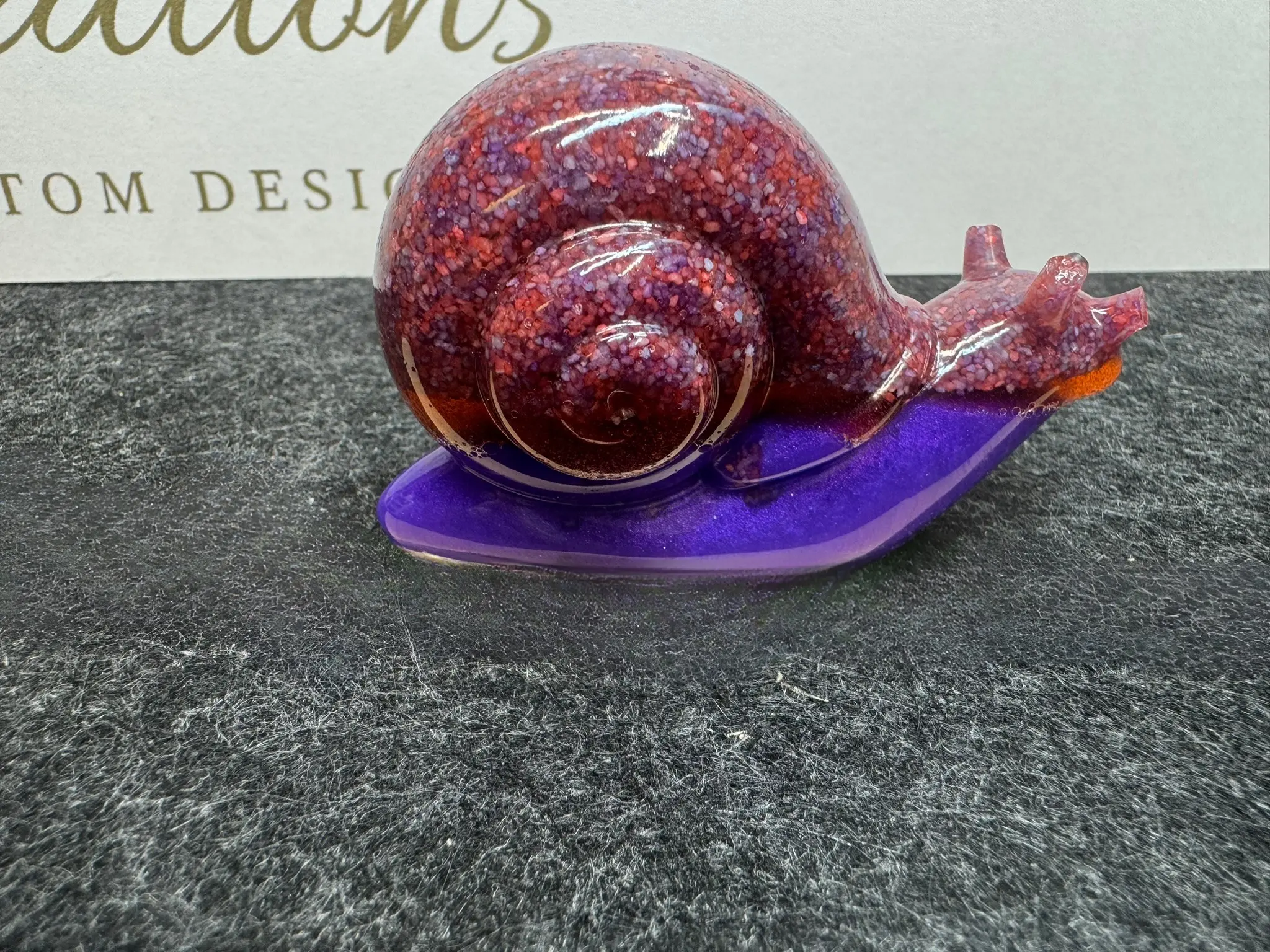 Whimsy Trail Resin Snail Figurine Ruby Shell Handmade Decor Ornament 3" Long 2" Tall Purple Body Reddish Purple Shell Gold Orange Accents