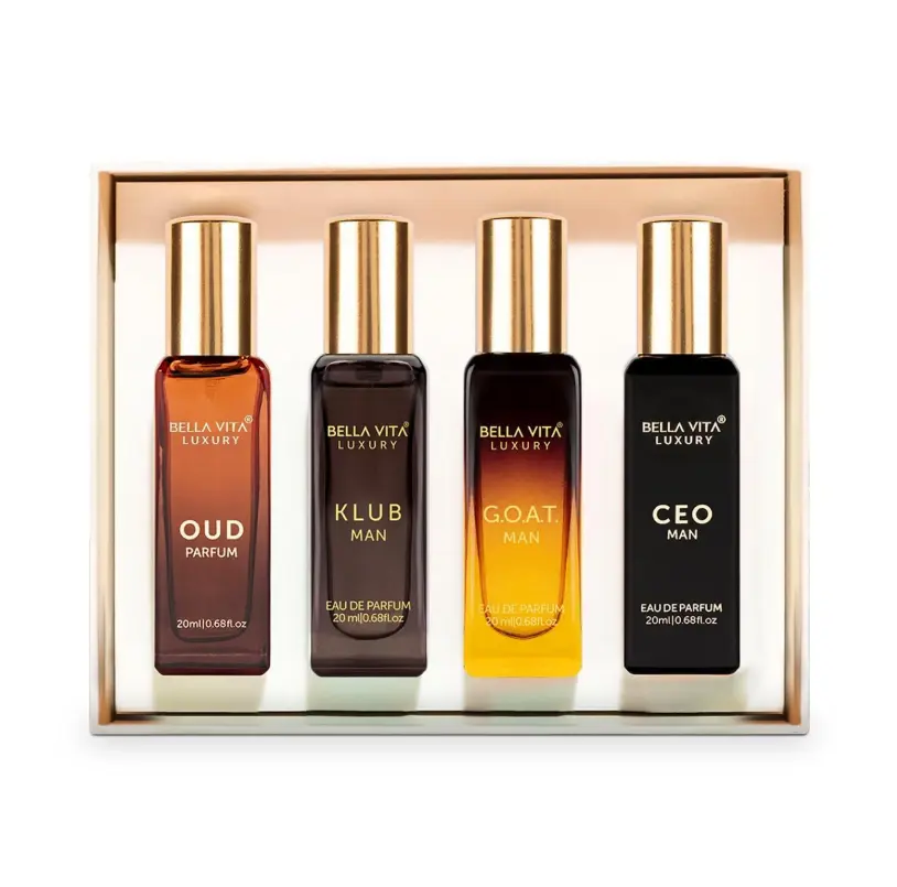 BellaVita Unisex Vegan Cruelty-Free Paraben-Free Perfume Gift Sets - 4x20ml Travel-Size Discovery Kit: Honey OUD (Sweet-Smoky), SKAI (Fresh Aquatic), Soap Aroma (Clean Soapy), 1 Mystery Scent, Long-Lasting for Adults