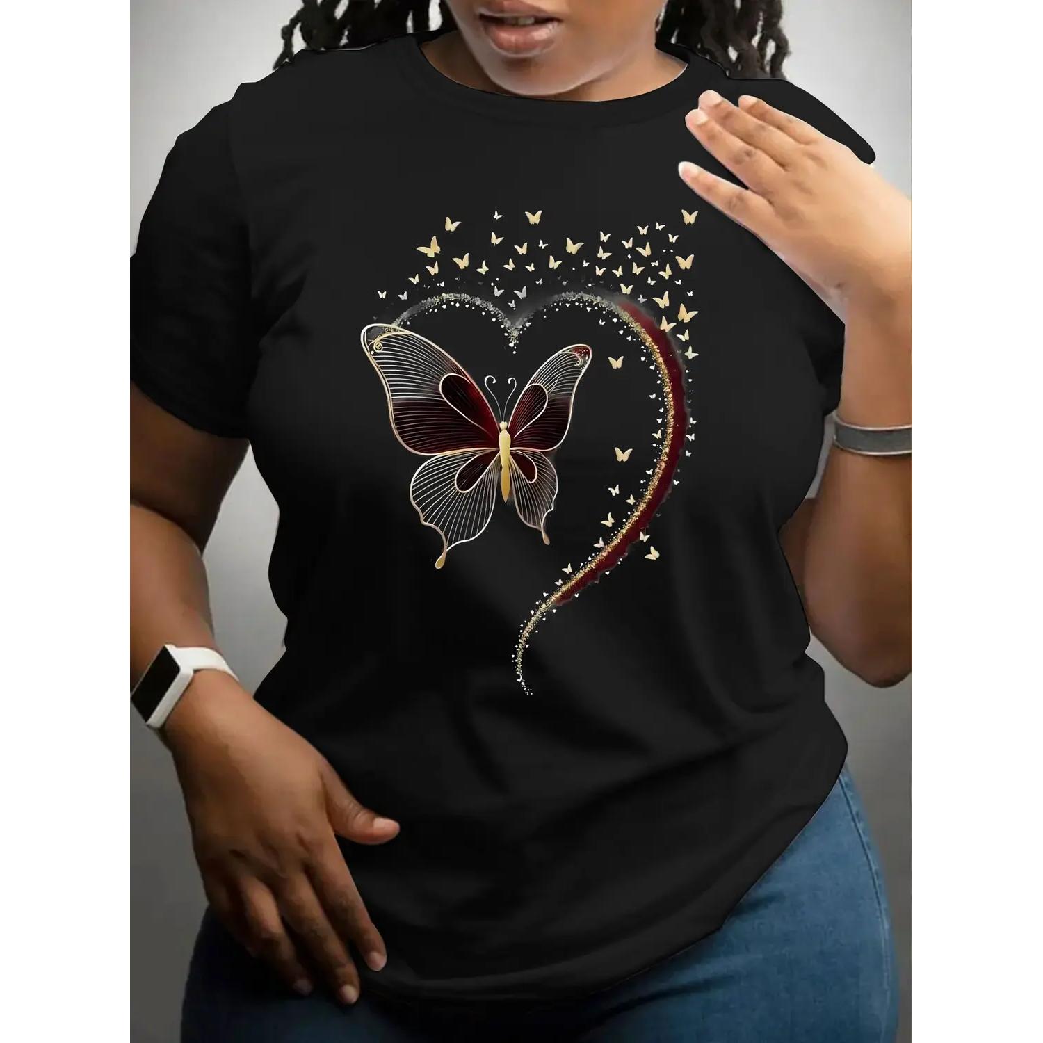 Women's Plus Size Heart Butterfly Print Round Neck T-Shirt, Casual Short Sleeve Top, Spring Summer Fashion, Long Clothing, Fitted
