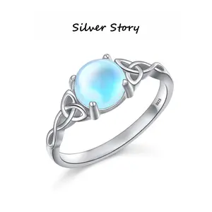 Moonstone Celtic Ring for Women: 925 Sterling Silver Vintage Iridescent Gemstone Band, Unique Twisted Weave Design Promise Anniversary Jewelry Gift for Her Mom Girlfriend