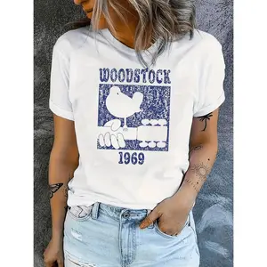 Woodstock 1969 Graphic Tee for Women Casual Crew Neck Short Sleeve T Shirt Polyester Knit Fabric with Medium Stretch Animal Pattern for Summer Top