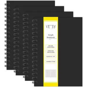 Graph Paper Spiral Notebook A5 Grid Journal 5.62"x 8.4" - 4 Pack 160 Pages 100GSM Thick Paper Hardcover Notebooks for Note Taking Engineering Graphing Work School Supplies,Black