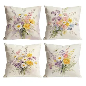 Vintage Pastel Flower Throw Pillow Covers Set of 4 | Watercolor Daisy Wildflower Cushion Covers for Farmhouse Cottage Car Bedroom Sofa Decor 0513YB