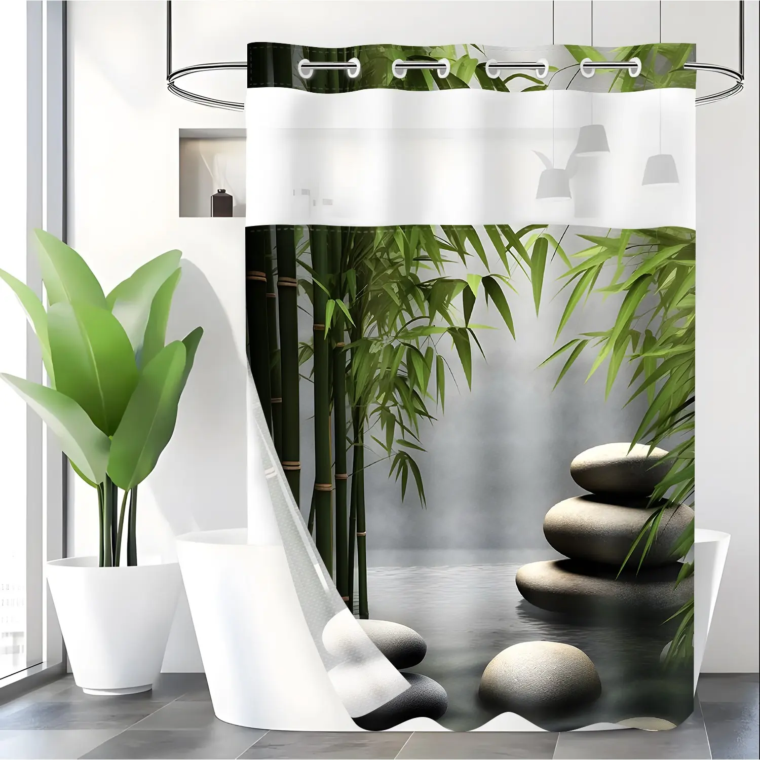LVRLVR 1pc Zen Bamboo Spa Bathroom Shower Curtain with Stacked Stones Print, Sheer Top Window, Detachable Liner & No Hook C-Ring, 70.8" x 74"