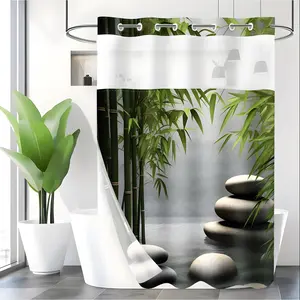 LVRLVR 1pc Zen Bamboo Spa Bathroom Shower Curtain with Stacked Stones Print, Sheer Top Window, Detachable Liner & No Hook C-Ring, 70.8" x 74"