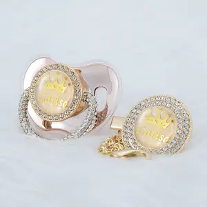 Custom Diamond Handle Pacifier & Clip Set – Personalized Baby Binky Bling Baby Name Gift | Full Rhinestone Crown Design, Luxury Keepsake for Baby Shower