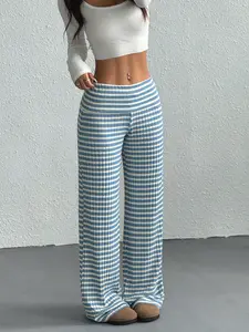 Women's Casual Blue Striped Pants, Fashion Trendy Sportswear, Cool Streetwear Hip-Hop School Style, Youth Holiday Wear, Bottoms