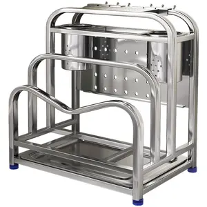304 Stainless Steel Kitchen Knife Rack Storage Rack Multifunctional Pot Lid Chopping Board Countertop Draining Knife Cutting Board Organizer